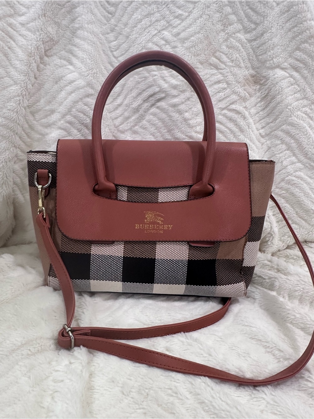 Burberry Brown Leather & Check Satchel with Top Handles - Picture 7 of 15